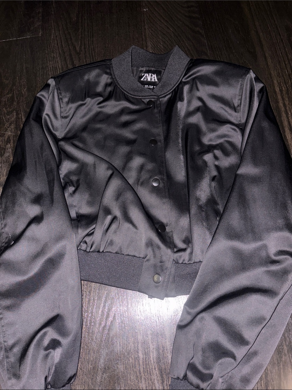 Zara Black Satin Cropped Bomber Jacket